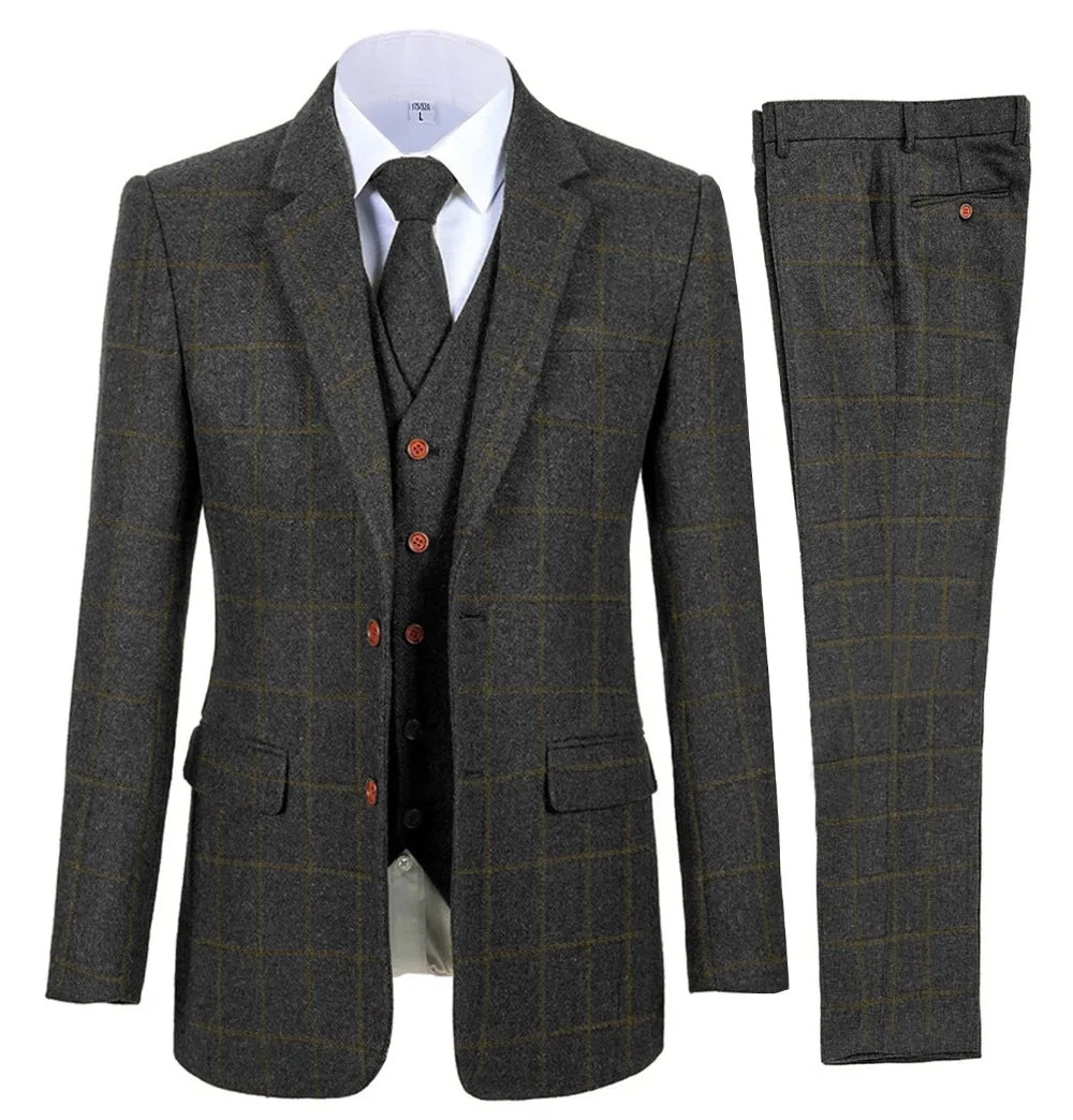 Men's 3 Piece Suits Bussiness Formal Notch Lapel Groomsmen Woolen Plaid Tuxedos for Party Activities Wedding (Blazer+Vest+Pant) Master Coach HQ