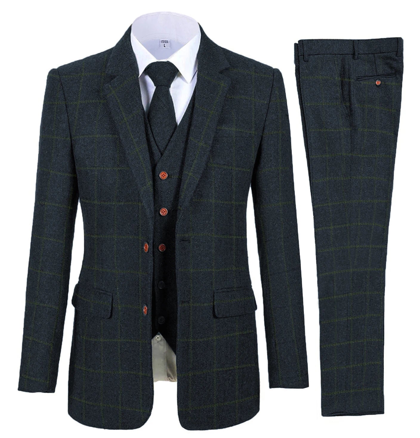 Men's 3 Piece Suits Bussiness Formal Notch Lapel Groomsmen Woolen Plaid Tuxedos for Party Activities Wedding (Blazer+Vest+Pant) Master Coach HQ