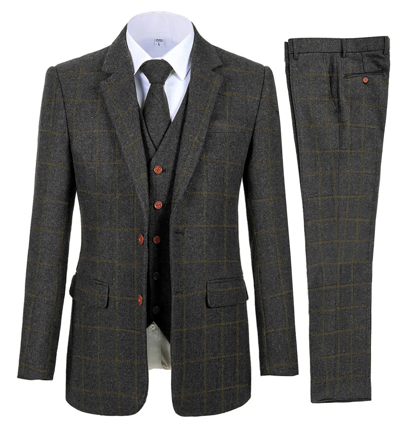Men's 3 Piece Suits Bussiness Formal Notch Lapel Groomsmen Woolen Plaid Tuxedos for Party Activities Wedding (Blazer+Vest+Pant) Master Coach HQ