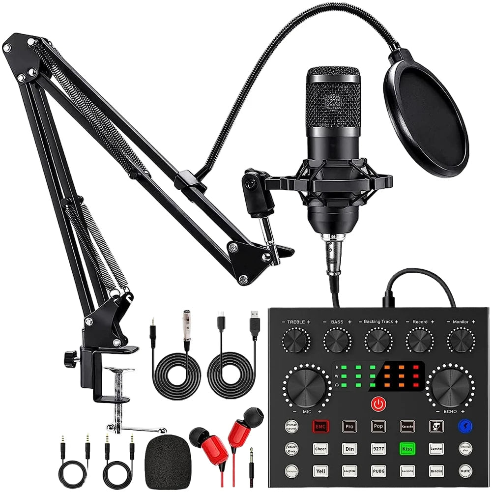 Podcast Equipment Bundle with BM800 Microphone and V8 Sound Card Podcast Equipment Metal Shock Mount Perfect for Phone PC DJ Master Coach HQ