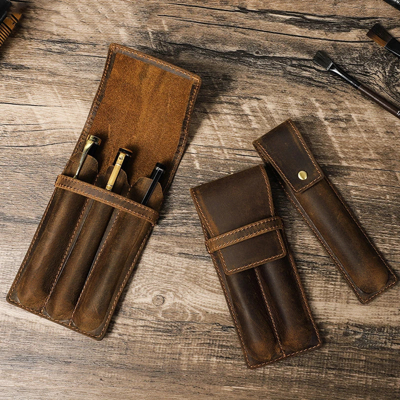 hand-made leather cowhide pencil pen case sleeve storage bag 1/2/3pcs-slot Magnetic drawer type student office home gift Master Coach HQ