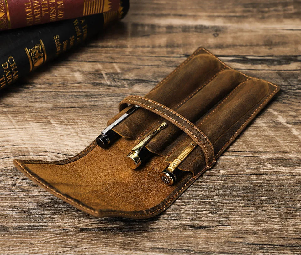 hand-made leather cowhide pencil pen case sleeve storage bag 1/2/3pcs-slot Magnetic drawer type student office home gift Master Coach HQ