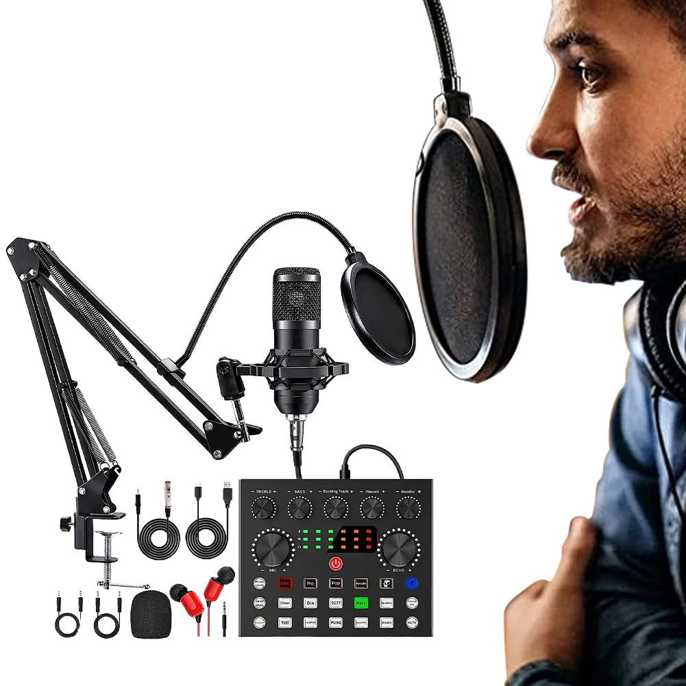 Podcast Equipment Bundle with BM800 Microphone and V8 Sound Card Podcast Equipment Metal Shock Mount Perfect for Phone PC DJ Master Coach HQ
