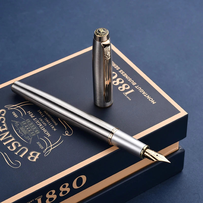 1PCS Montagut Classic Grey And Golden Trim Fountain Pen Iridium 0.5mm Exquisite Stationery Writing Gift Pen With Gift Box Master Coach HQ
