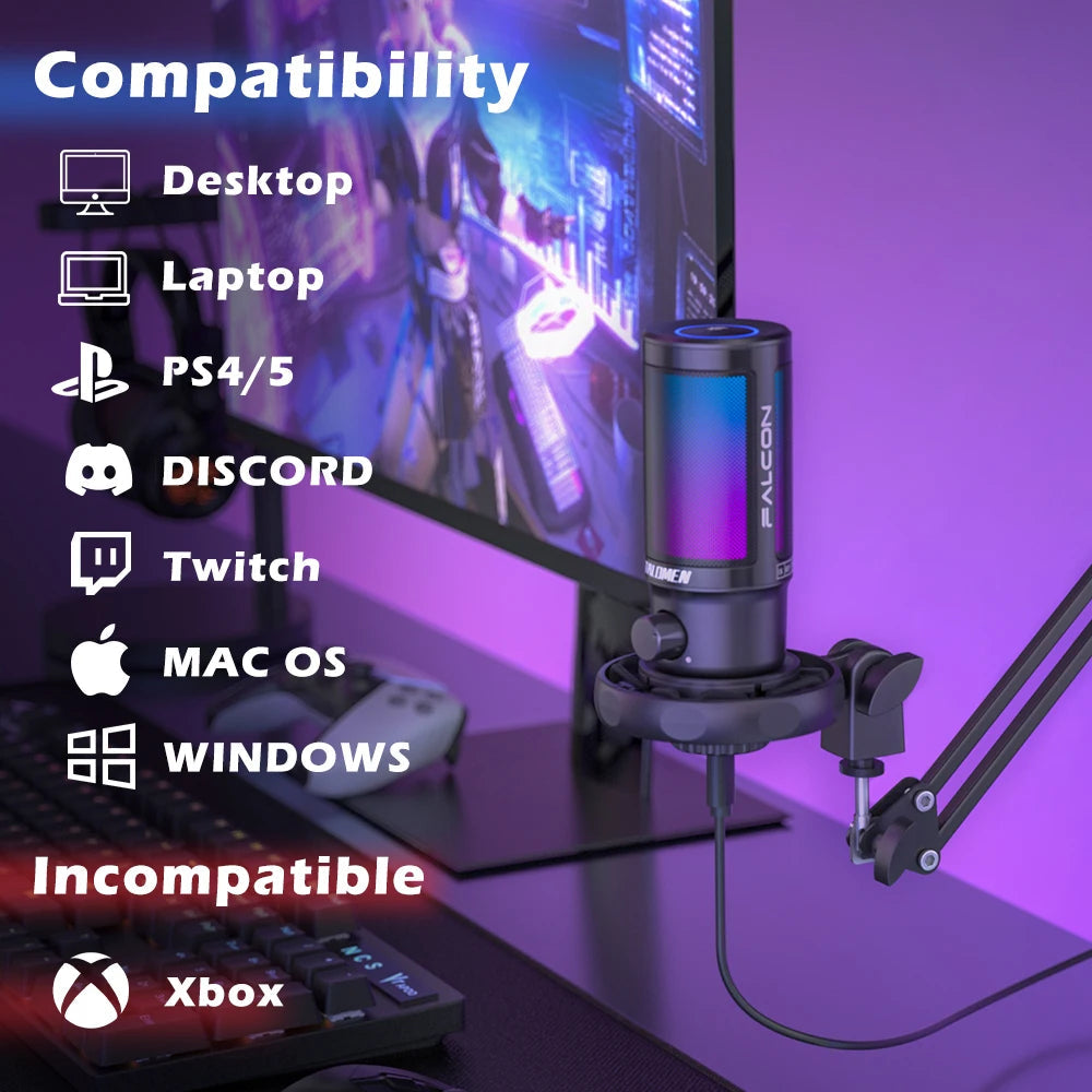 talomen Gaming PC USB Microphone, Podcast Condenser Mic with Boom Arm, Online Chat, RGB Computer Mic for PS4/5 PC Gamer F8S Master Coach HQ