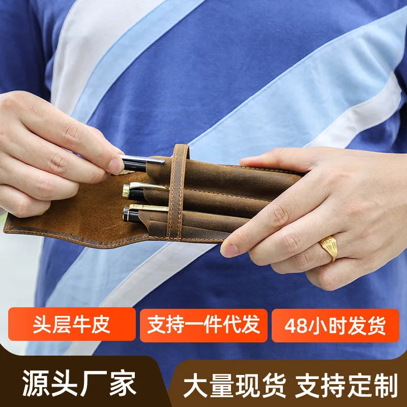 hand-made leather cowhide pencil pen case sleeve storage bag 1/2/3pcs-slot Magnetic drawer type student office home gift Master Coach HQ