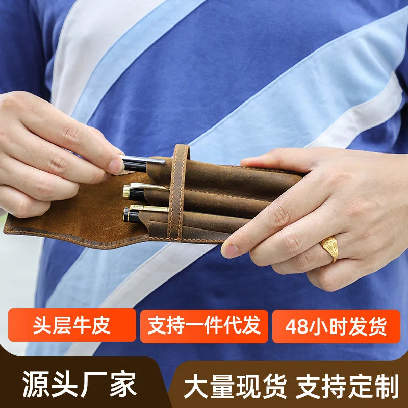 hand-made leather cowhide pencil pen case sleeve storage bag 1/2/3pcs-slot Magnetic drawer type student office home gift Master Coach HQ