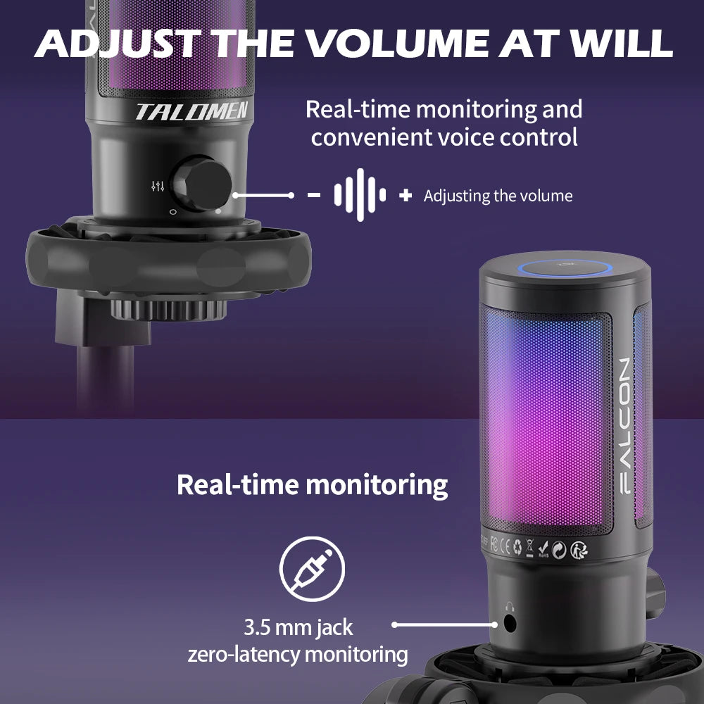 talomen Gaming PC USB Microphone, Podcast Condenser Mic with Boom Arm, Online Chat, RGB Computer Mic for PS4/5 PC Gamer F8S Master Coach HQ