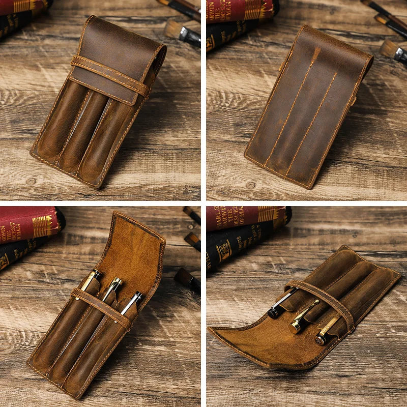 hand-made leather cowhide pencil pen case sleeve storage bag 1/2/3pcs-slot Magnetic drawer type student office home gift Master Coach HQ