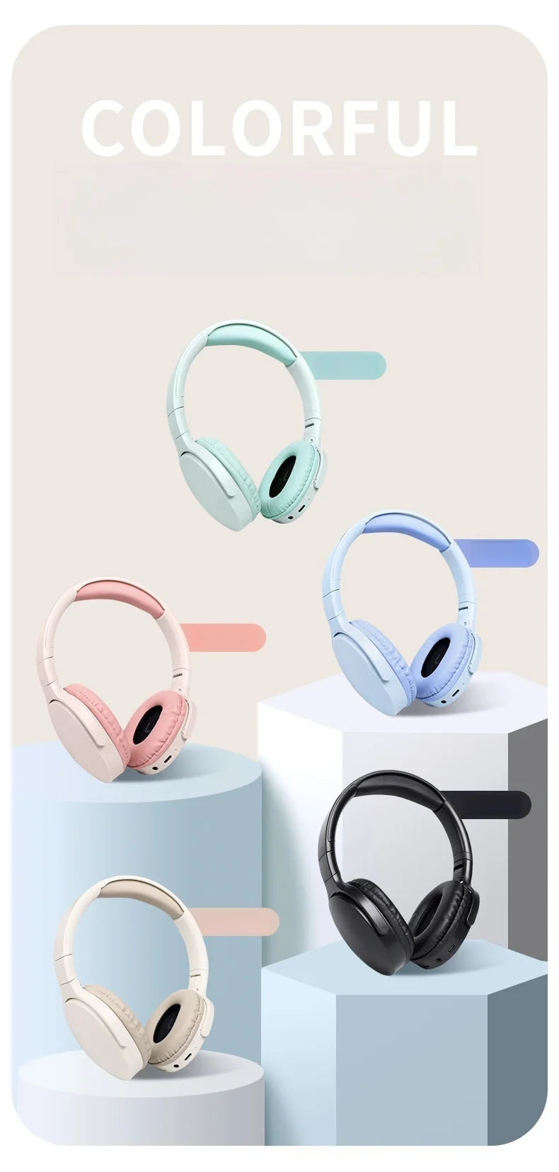 Fashionable Bluetooth wireless headphones, over-ear, deep bass, sports stereo, high fidelity, long battery life, universal Master Coach HQ