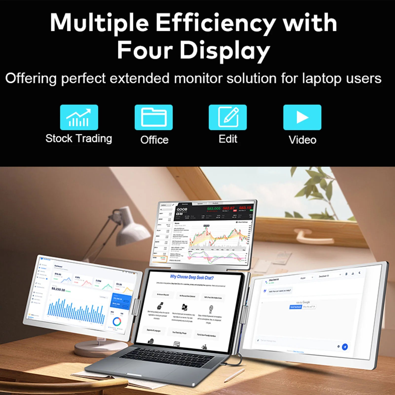 15.6" Laptop Screen Extender Quad Monitors Portable 1 Cable for 3 Screens Folding for 12"-18.5" Laptops Laptop Extended Monitors Master Coach HQ