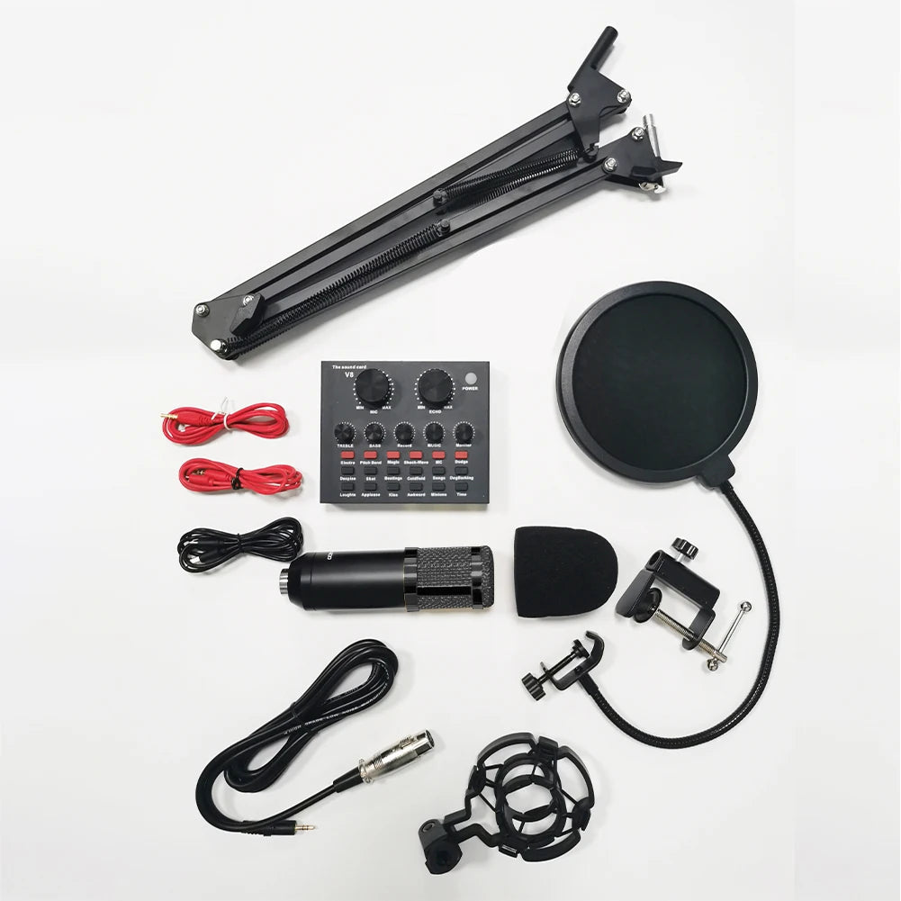 Podcast Equipment Bundle with BM800 Microphone and V8 Sound Card Podcast Equipment Metal Shock Mount Perfect for Phone PC DJ Master Coach HQ
