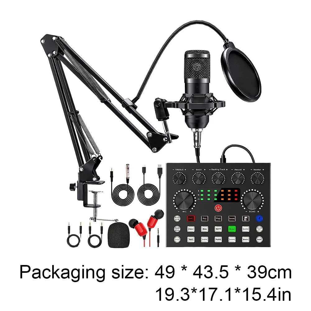 Podcast Equipment Bundle with BM800 Microphone and V8 Sound Card Podcast Equipment Metal Shock Mount Perfect for Phone PC DJ Master Coach HQ