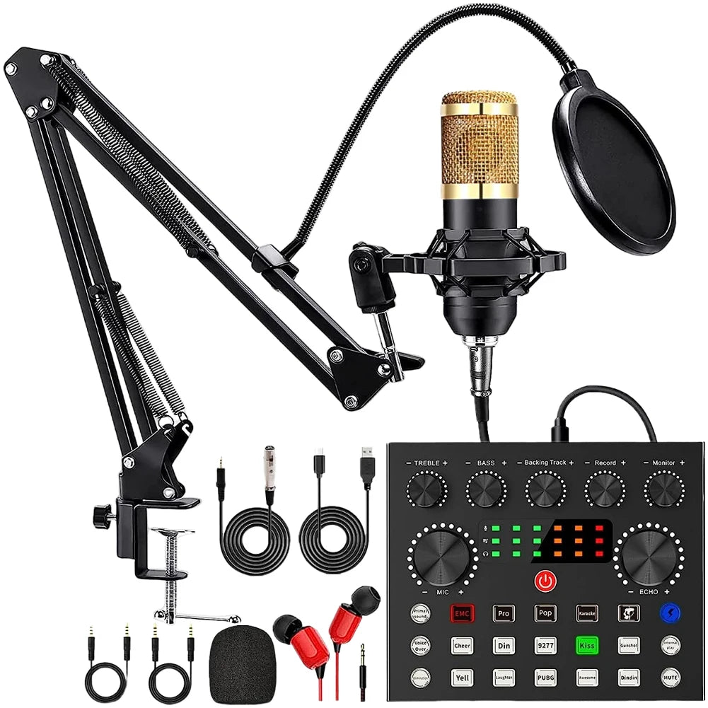 Podcast Equipment Bundle with BM800 Microphone and V8 Sound Card Podcast Equipment Metal Shock Mount Perfect for Phone PC DJ Master Coach HQ