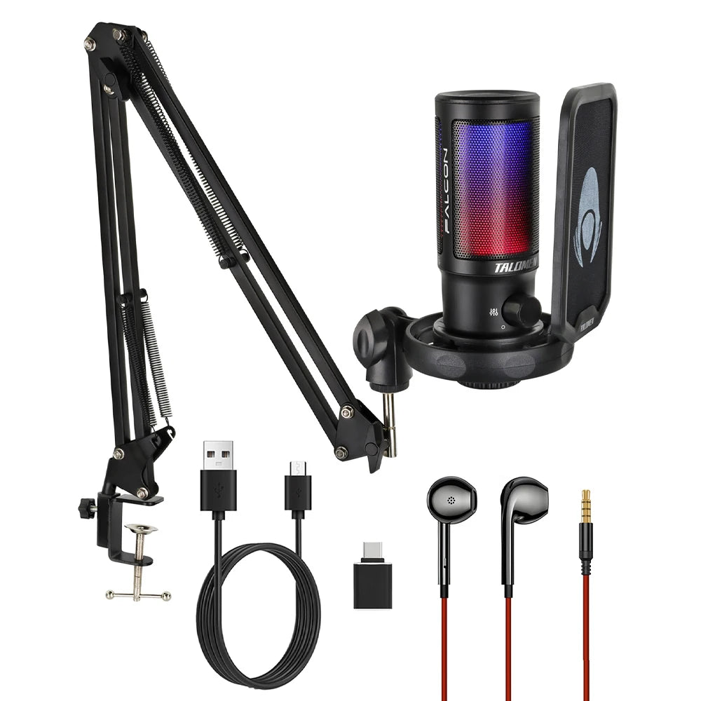 talomen Gaming PC USB Microphone, Podcast Condenser Mic with Boom Arm, Online Chat, RGB Computer Mic for PS4/5 PC Gamer F8S Master Coach HQ