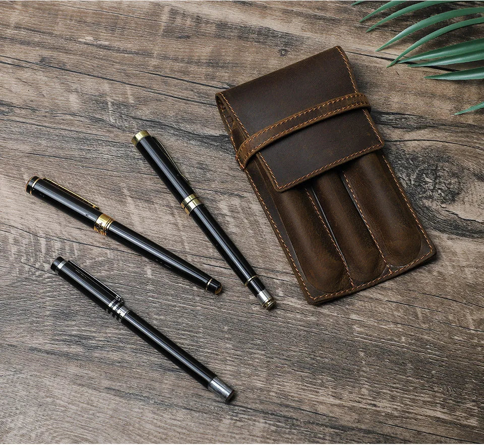 hand-made leather cowhide pencil pen case sleeve storage bag 1/2/3pcs-slot Magnetic drawer type student office home gift Master Coach HQ