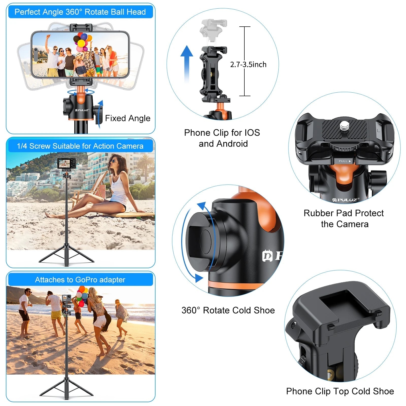 PULUZ 1.4m Phone Selfie Stick Tripod Vlog Live Streaming Holder with Phone Clip for iPhone/ Samsung/ Huawei & Cameras Tripod Master Coach HQ