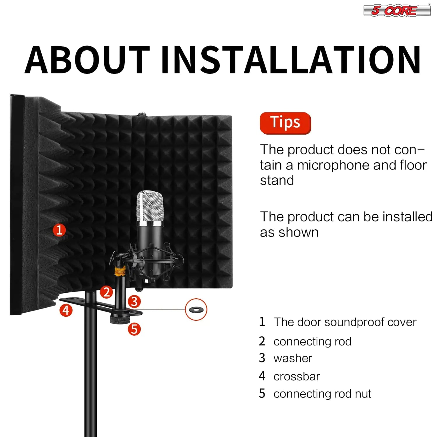 5Core Microphone Isolation Shield  Foldable Mic Shield with 3 Sound Insulation Absorbing Foam Anti Spier