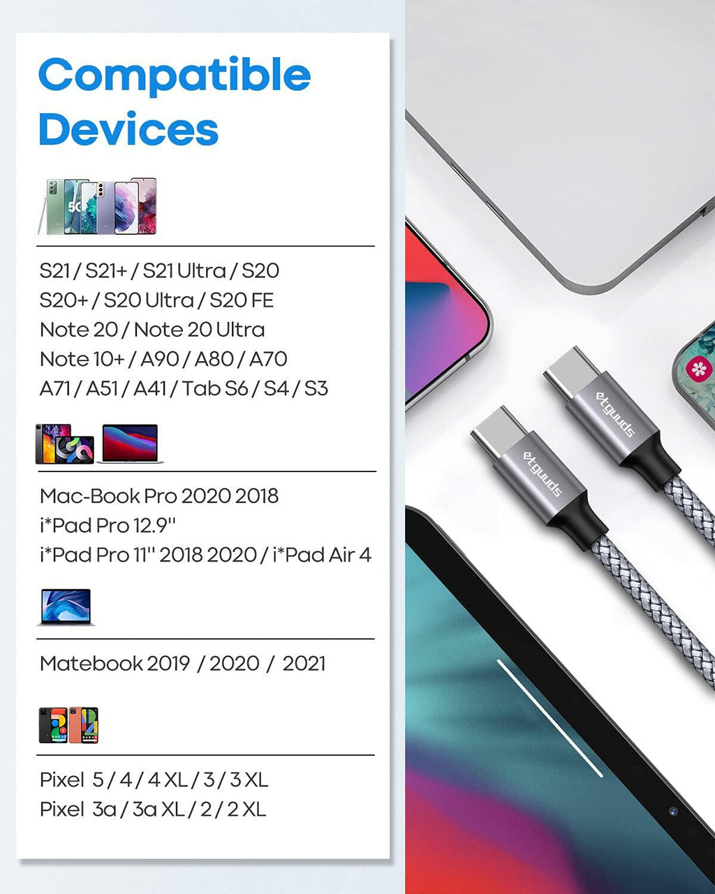 etguuds USB C to USB C Cable 3ft 2-Pack 60W Fast Charging Black Deal US